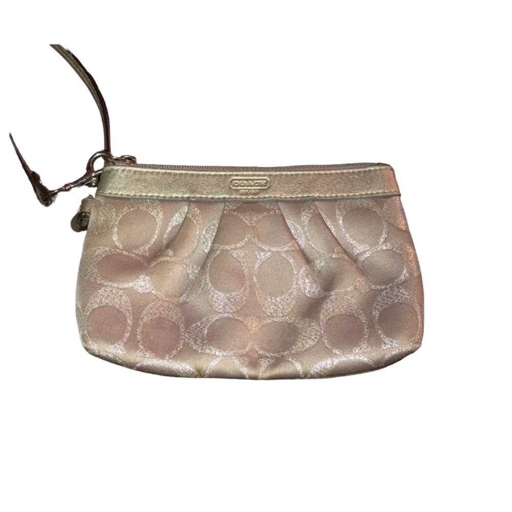 Coach silver monogram Wristlet blue satin interior cards,cards & key fob